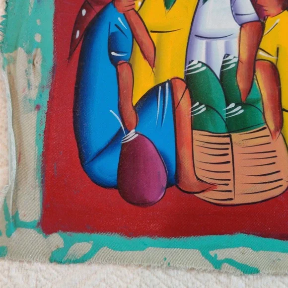 Vintage Wilner Haitian Island Market Oil Painting On Canvas From 1970s, Signed